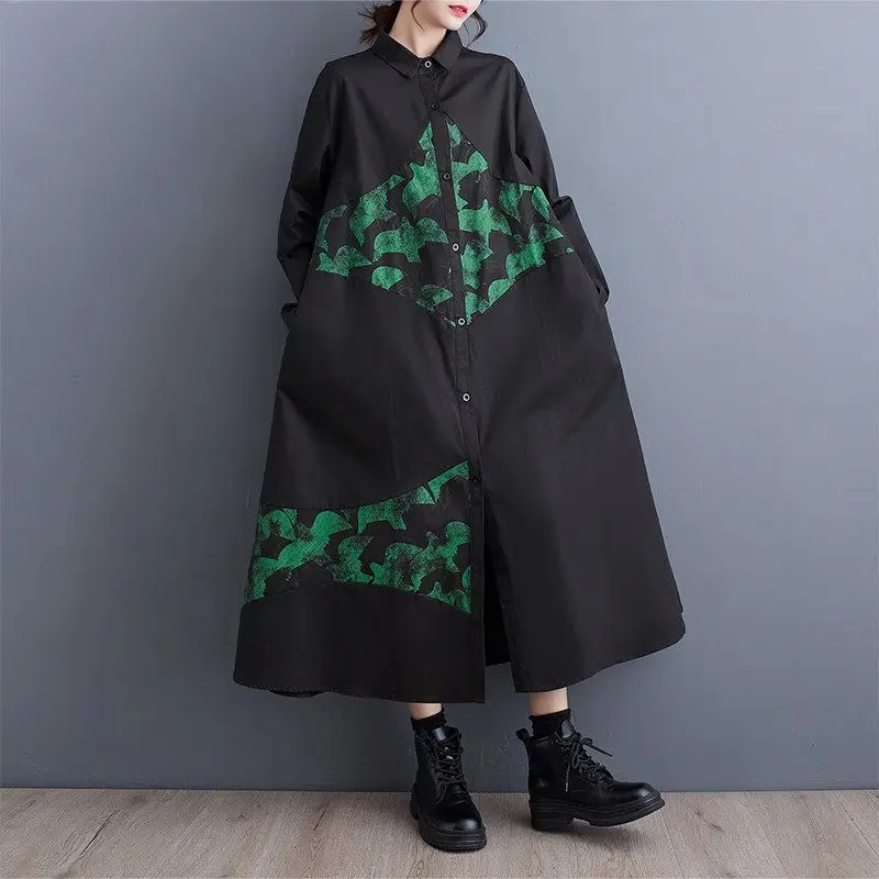 2024 herbst Neue Künstlerische Mode Unregelmäßige Farbe Kontrast Koreanische Hemd Kleid frauen Casual Vielseitig Einreiher Kleid A401