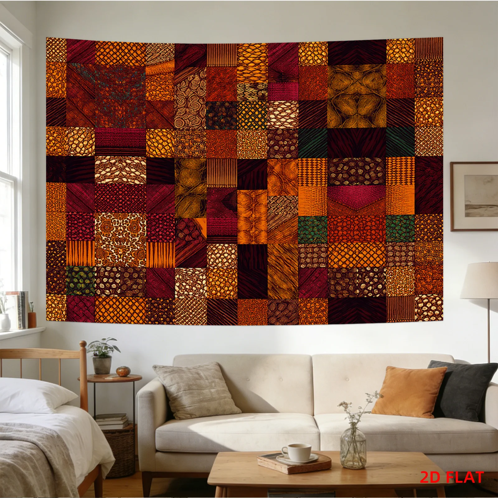 Large Abstract Geometric Patchwork Wall Tapestry Boho Bohemian Moroccan Earth Tone Polyester Hanging Decoration for Living Room