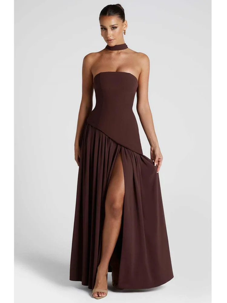 Articat élégant bretelles serré plissé fente fête robe de soirée femmes Sexy sans manches dos nu écharpe ruban été nouveau Vestido