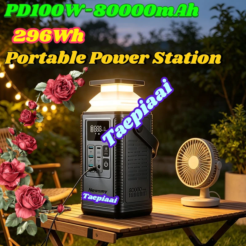 PD100W 80000mAh Portable Power Station 296Wh Battery Solar Generator AC Output Camping Emergency Power Supply