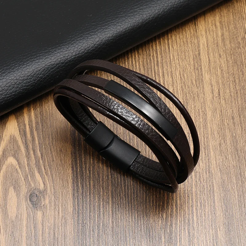 New Men\'s Leather Braided Bracelet Alloy Magnet Buckle Multilayer Leather Bracelet Retro Simple Bracelet Wholesale