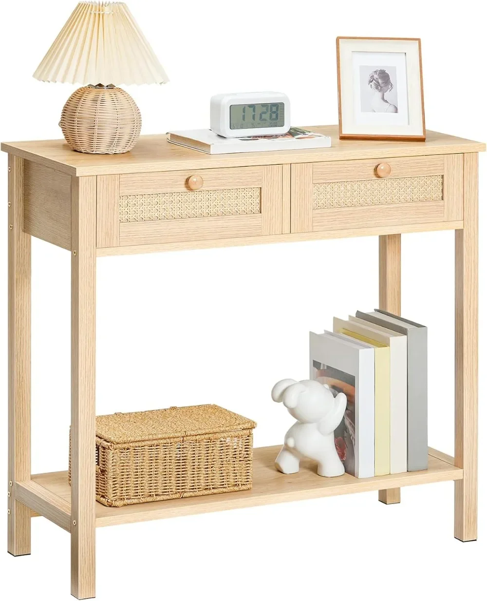 

Узкий консольный столик, похожий из ротанга, с 2 ящиками, 31,5-дюймовый диван-стол с местом для хранения, открытым и скрытым местом для хранения вещей