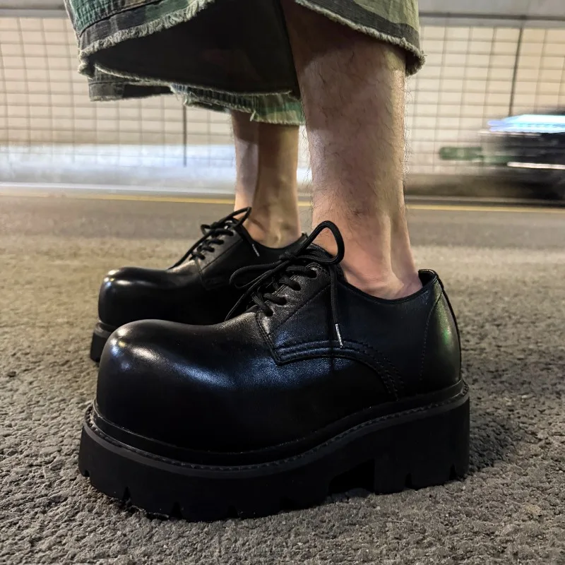 Europe America Cowhide Black Round Toe Derby Shoes Men's Thick Sole Genuine Leather Lace-up Platform Leather Shoes Male