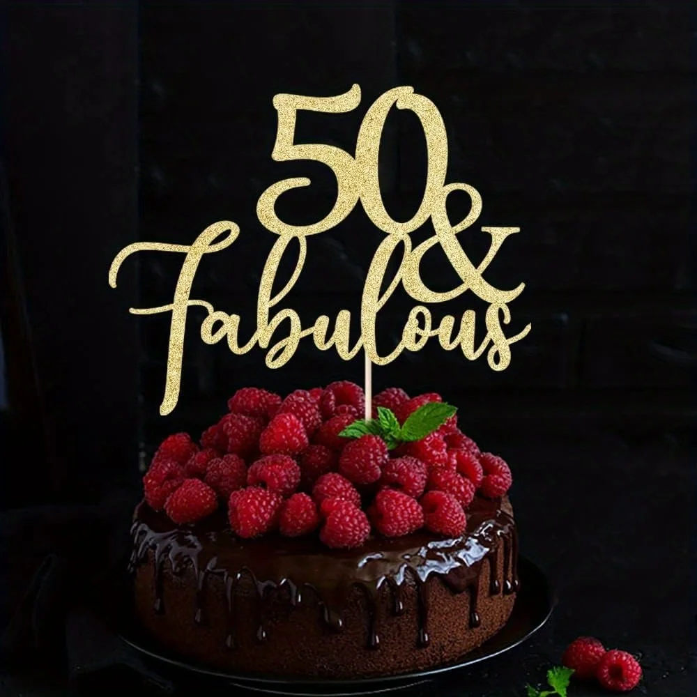 1 Stück 50. Geburtstagstorten-Topper – Goldglitzer „Fabulous at 50“ Dekoration für Jubiläen & Feiern