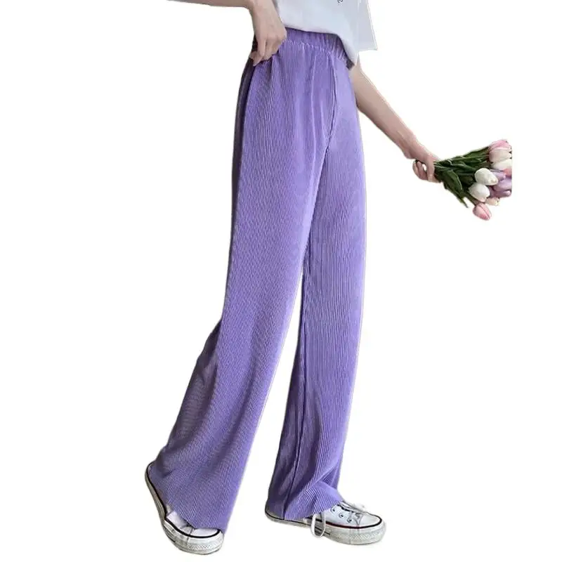 

2024 Summer Women Wide Leg Pants Spring Casual Elastic High Waist Fashion Loose Long Pants Pleated Trousers