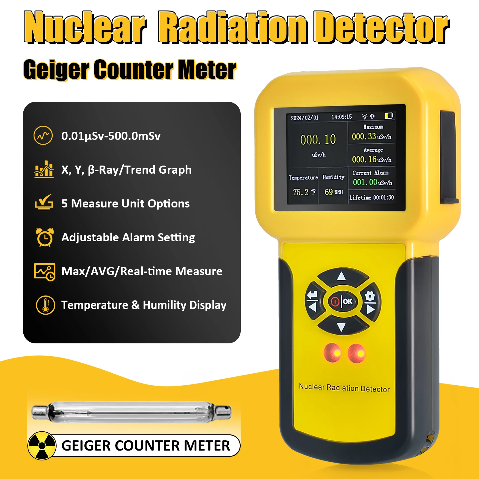 HoldPeak Nuclear Radiation Detector Geiger Counter X-ray γ-ray β-ray Detector Marble Radioactivity Tester Personal Dosimeter