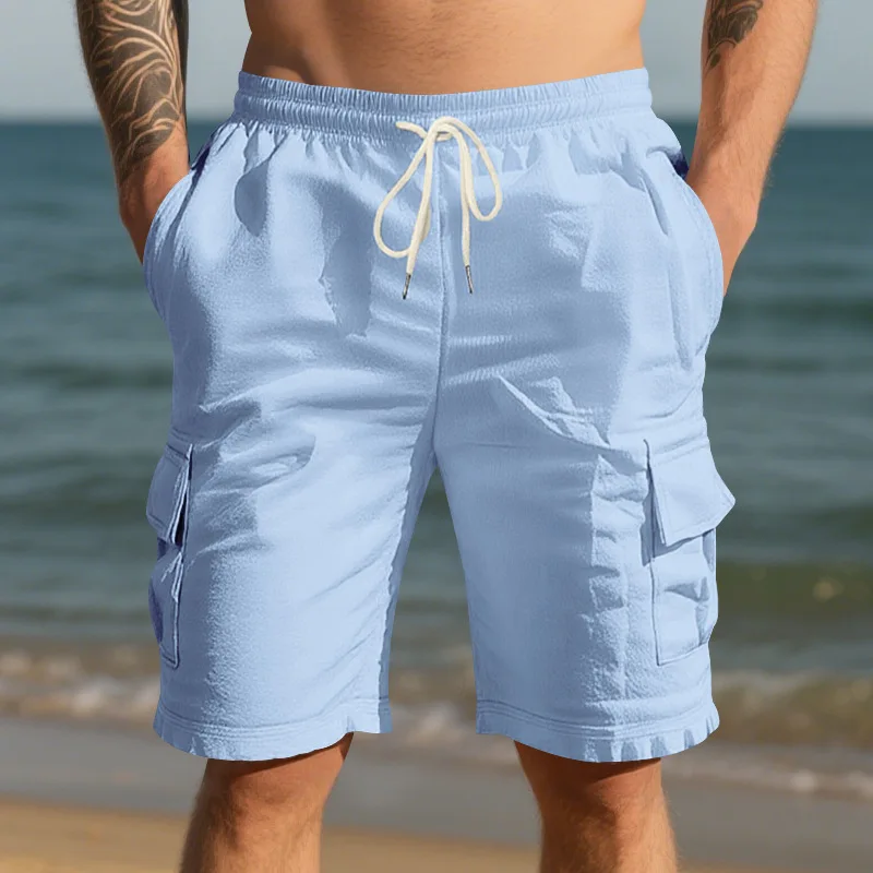 Men's Bermuda Shorts Men Linen Shorts Loose Multi Pocket Men's Casual and Cargo Shorts Breathable Beach Male Streetwear Shorts