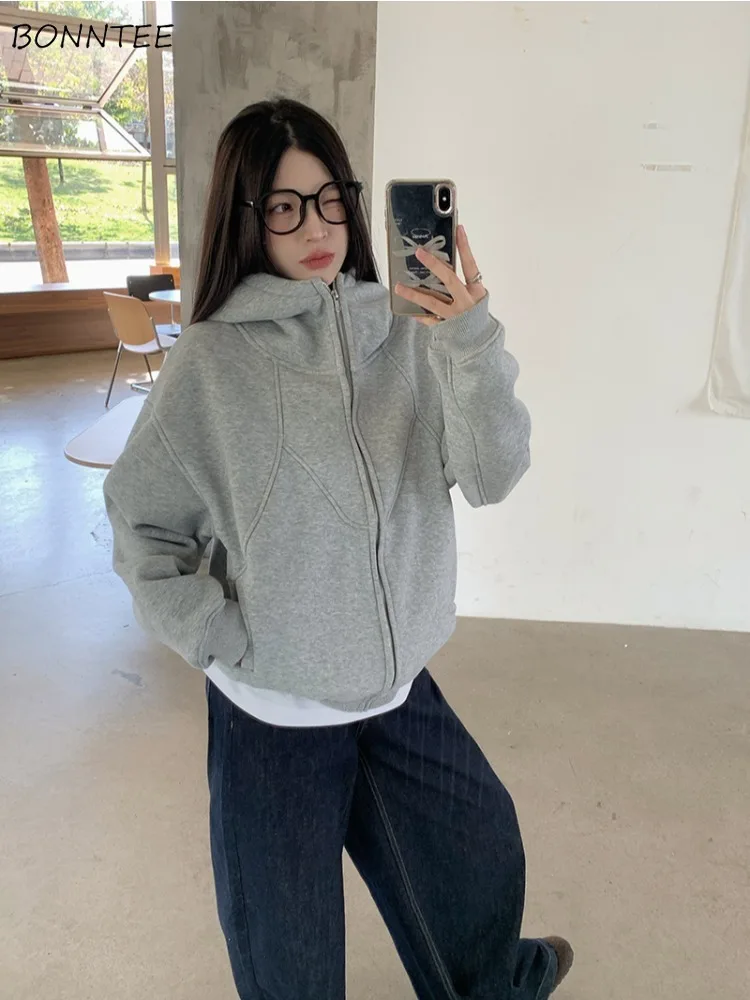 

Куртки женские свободные с капюшоном теплые утепленные однотонные осенне-зимние универсальные топы Ins корейский стиль плюс бархатные повседневные модные