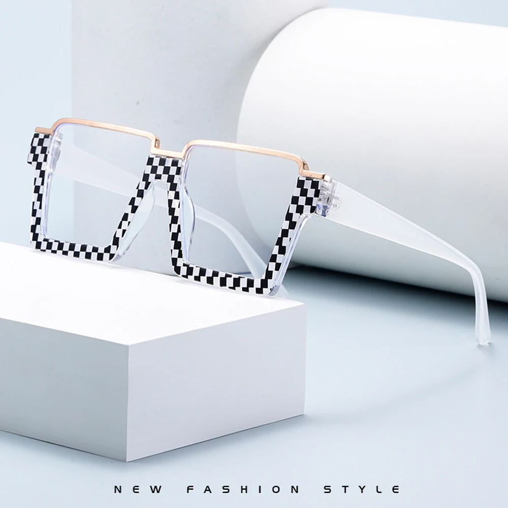

Viral Square Glasses man with Golden Trim Premium retro Unique Black White Checkered Pattern clear Temples Trendy Light Luxury