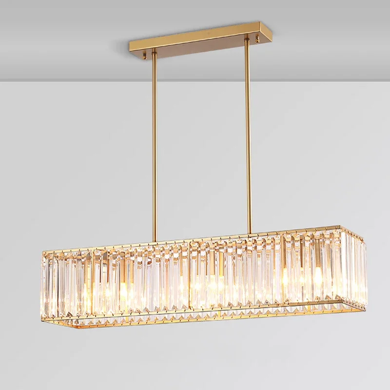American Style Crystal Chandelier Modern Rectangular Iron Hanging Lamp Bar Counter Dining Table Pendant Light for Home Deco