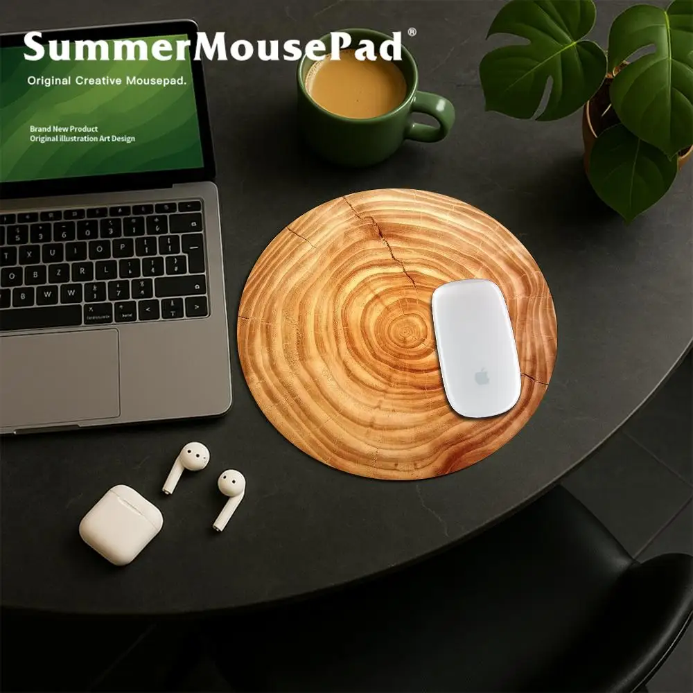 22x22cm Log Wood Grain Design Small Round Sliding Mouse Pad Printing Personalized Rubber Wood Design Home Table Mat Decoration