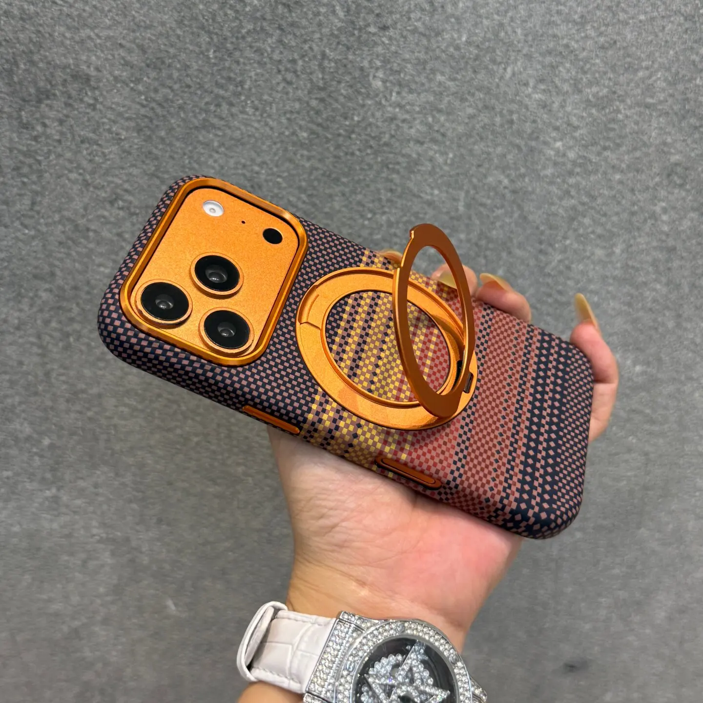 360° drehbare Metallhalterung für MagSafe-Handyhülle für iPhone 18 17 Pro Max 16 15 14 13 mit Carbonfaser-Textur, harte PC-Schutzhülle – Detail 11