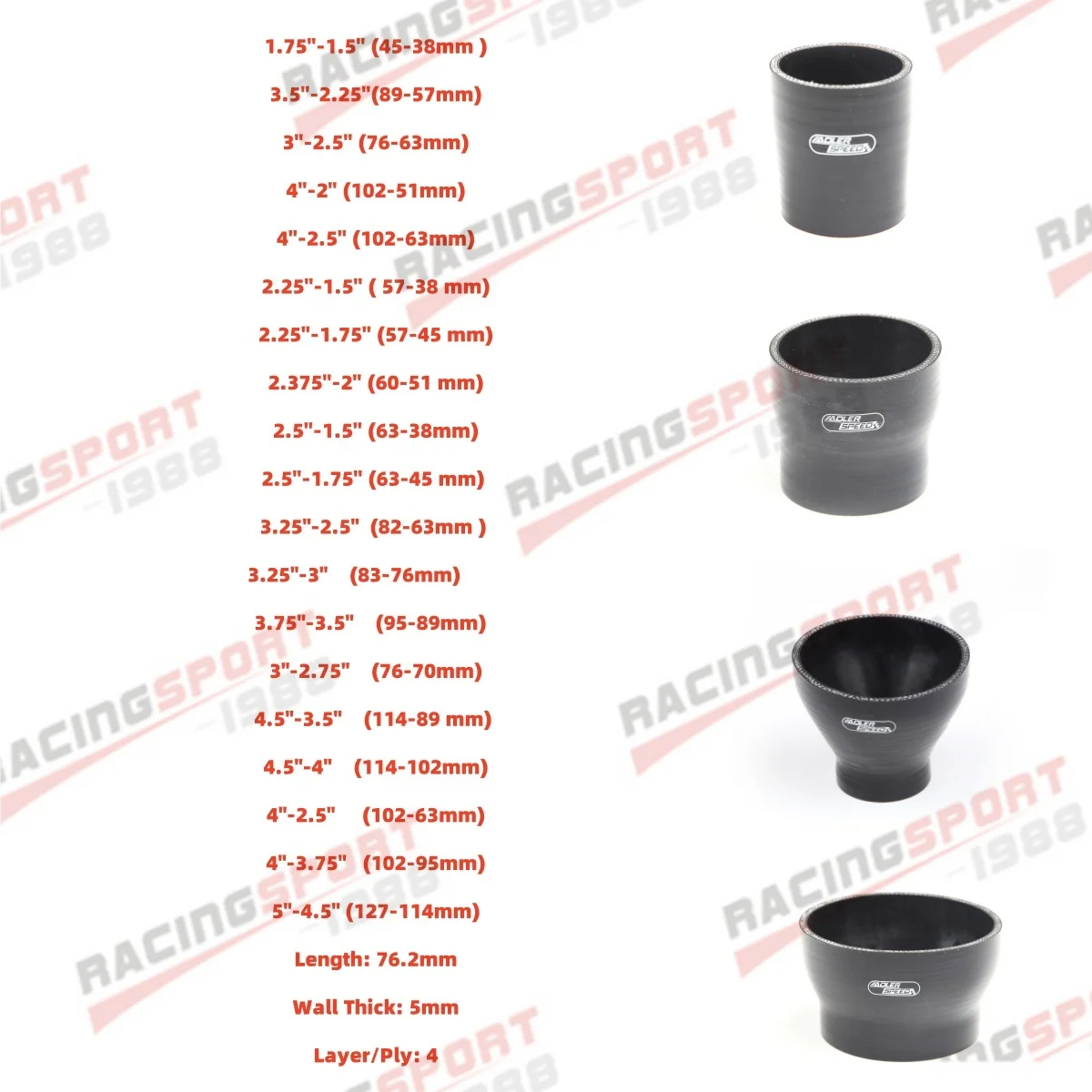 

1 шт., прямой силиконовый переходник, соединительный шланг интеркулера, ID51 54 57 60 63 64 67 70 75 76 80 83 85 76 мм, 4PLY, глянцевый черный