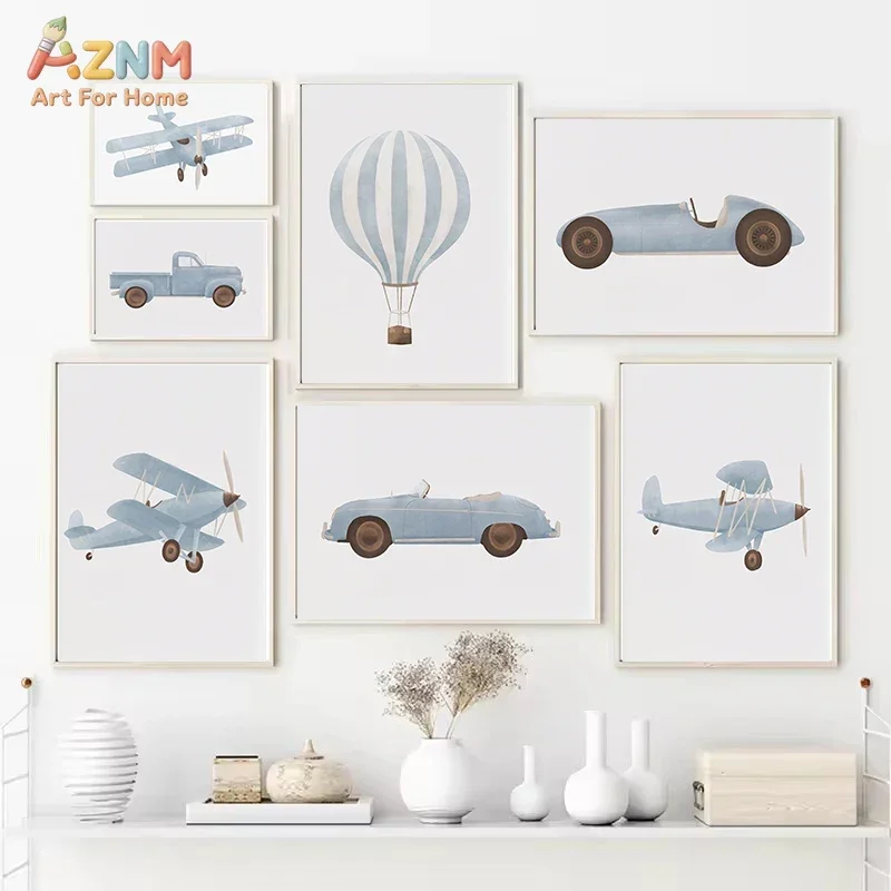 AZNM Soft Blue Transport Canvas Wall Art Watercolor Airplane Hot Air Balloon Train Car Truck Boys Nursery Unframed Canvas Poster
