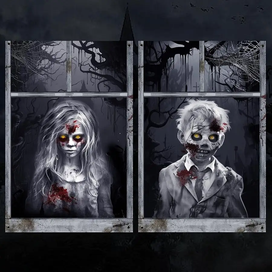 

Halloween Ghost Curtains Decorations, 2 Pack, Window Silhouettes, Horror Little Girl and Boy Window Co er Indoor Decor（Kids Ghos
