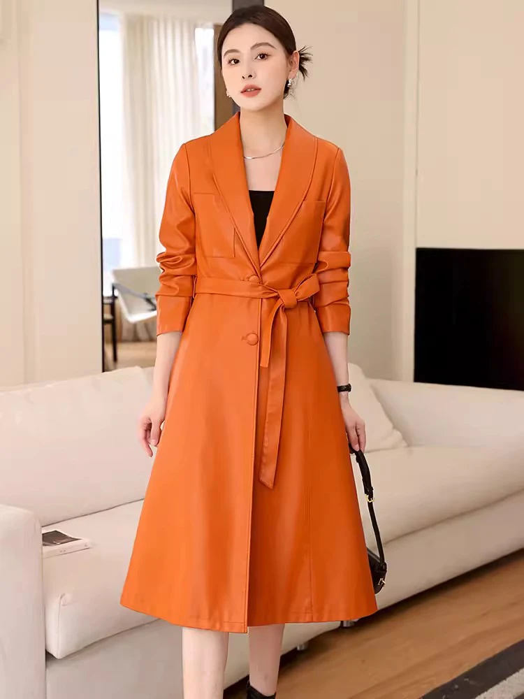 Neue Frauen Frühling Herbst Ledermantel Mode Umlegekragen Einreihig Schlanker Schafsledermantel Spaltleder Langer Trenchcoat