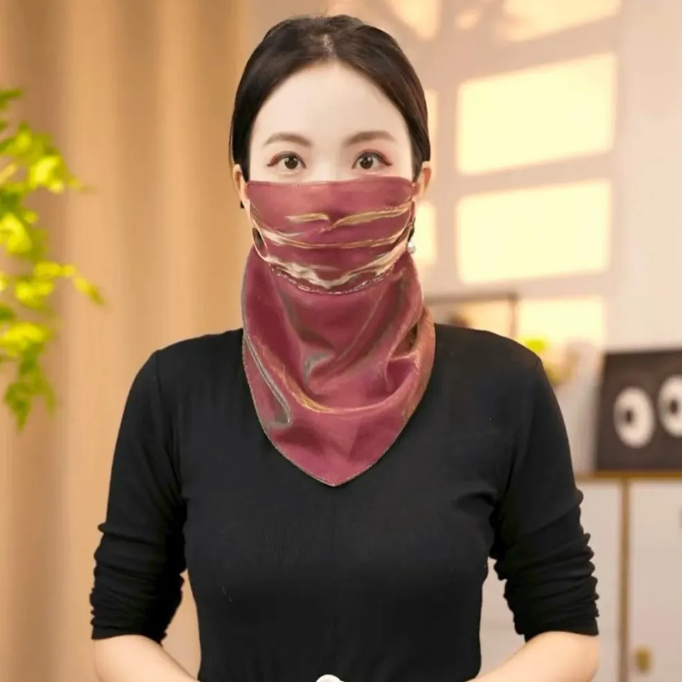 Sun-protective Scarf with Pearl Face Cover, Colorful Pearl-Embellished Summer Silk Scarf and Veil, Multifunctional Face Cover