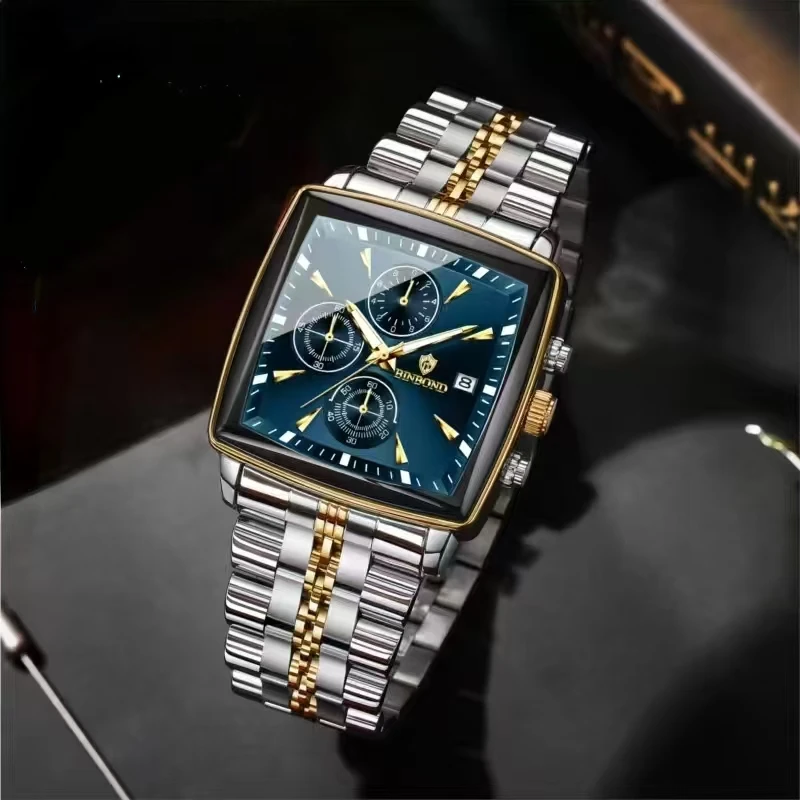 BINBOND Men Multifunctional Quartz Watch Three-Eye Six-Hand Business Stainless Steel Band Fashion Casual Wristwatch Reloj Hombre