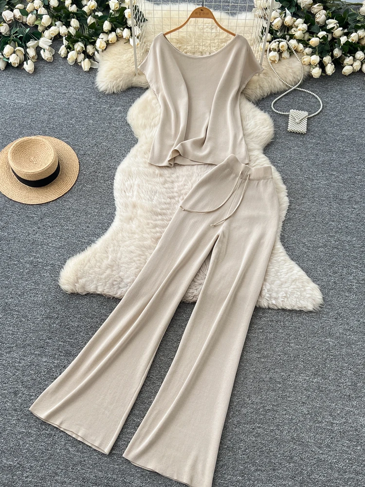 

Женский комплект из укороченного топа и брюк с высокой талией и широкими штанинами, повседневный стиль, удобный, дышащий, летний.