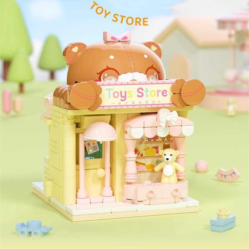 Street view building blocks puzzle assembly children's toys shopping mall shop micro scene model kawaii birthday gift ornaments