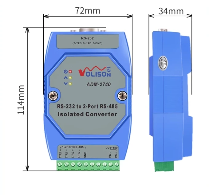 ADM-2740 Industrial Optoelectronic Isolation RS232 to 2-port 485 Converter Active Rail ADM-2740