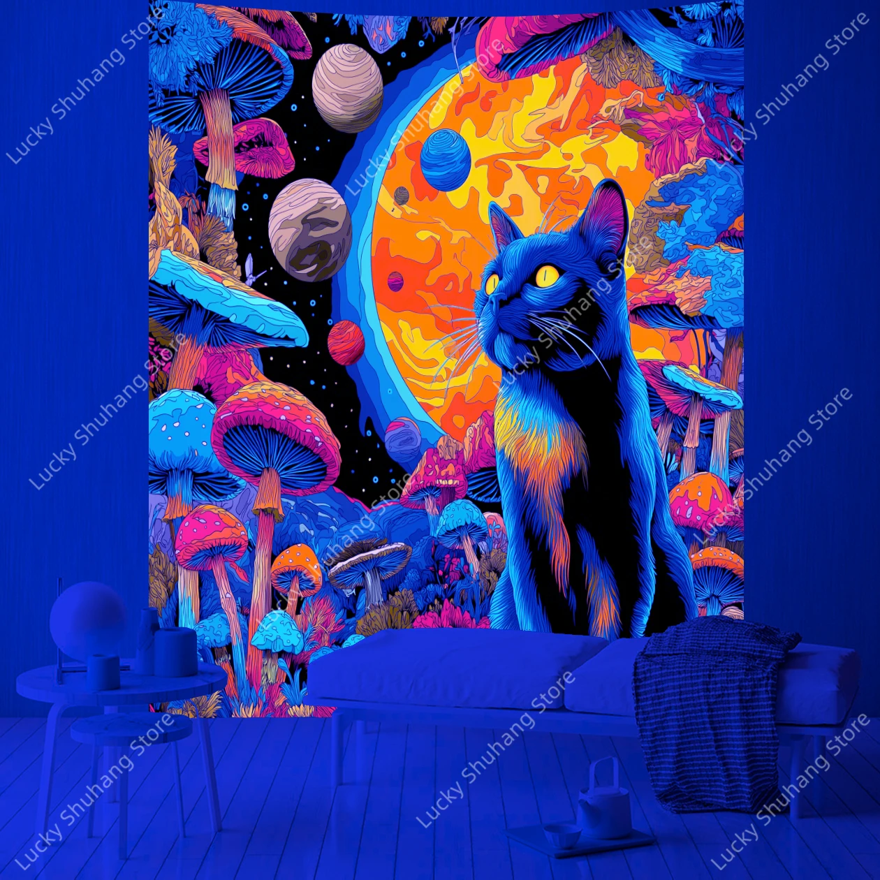 Mystical Black Cat with Colorful Mushrooms UV Tapestry Bohemian Wall Art Decor for Bedroom Living Room Dorm Fantasy Aesthetic