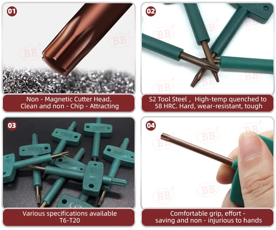 BB Sechskant-Torx-Schlüssel T6 T8 T9 T10 T15 T20 CNC-Drehmaschinenhalter Maschinenschraubengriffe Flaggenschlüssel Ringmaulschlüssel 10 Stück – Detail 8