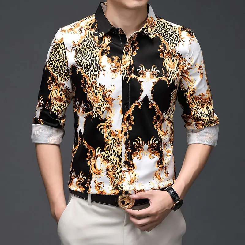 

Men's Pure Cotton Leopard Clothes 2023 Spring Long Sleeve Fashion Shirts Male 100% Cotton Printing Dress Shirts