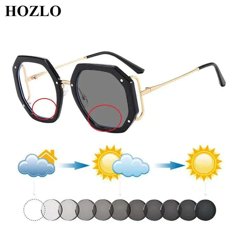 

Europe America Fashion Trend Large Women Polygon Photochromic Bifocals Reading Sunglasses Farsighted Spectacles Look Near Far