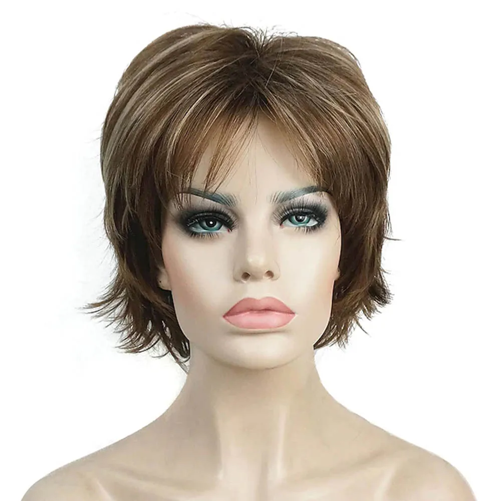 Short natural Layered Shaggy Wavy Full Synthetic Wigs Short Layer Hair Fully Synthetic Wig Brown Highlights Wigs For Women