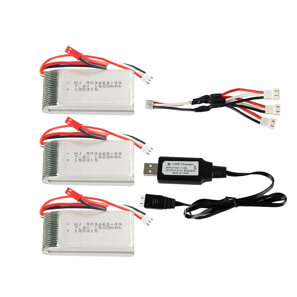 3pcs 7.4V 1500mAh 903462 Lipo Battery With USB Charger For FT009 RC Boat 12423 12428 7.4V  Battery For RC Toys Parts