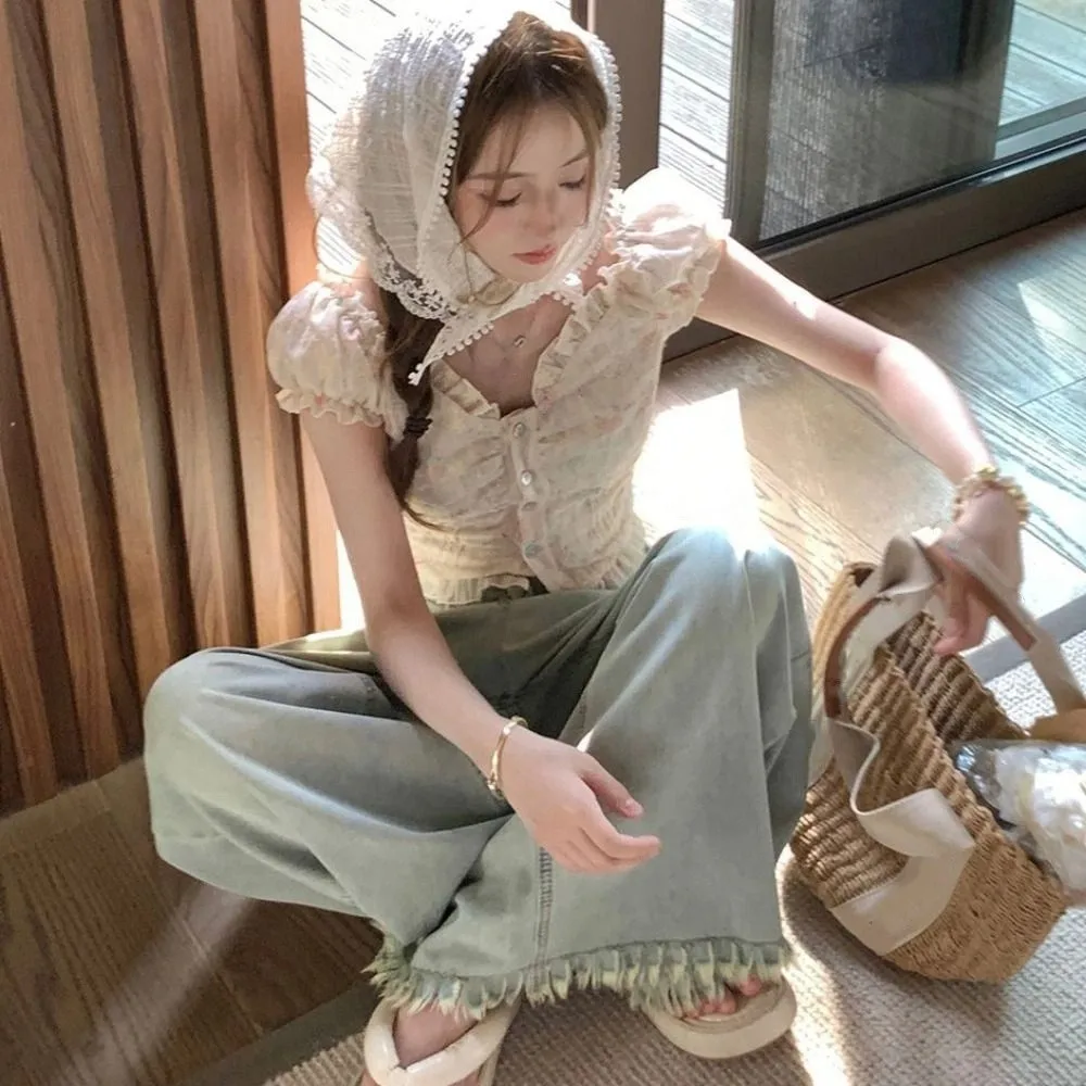 

Fashion Pleated Puff Sleeve Crop Top Off Shoulder Spicy Girl Embroidered Floral T-shirt Slim Fit Ruffle Sweet Top Women Female