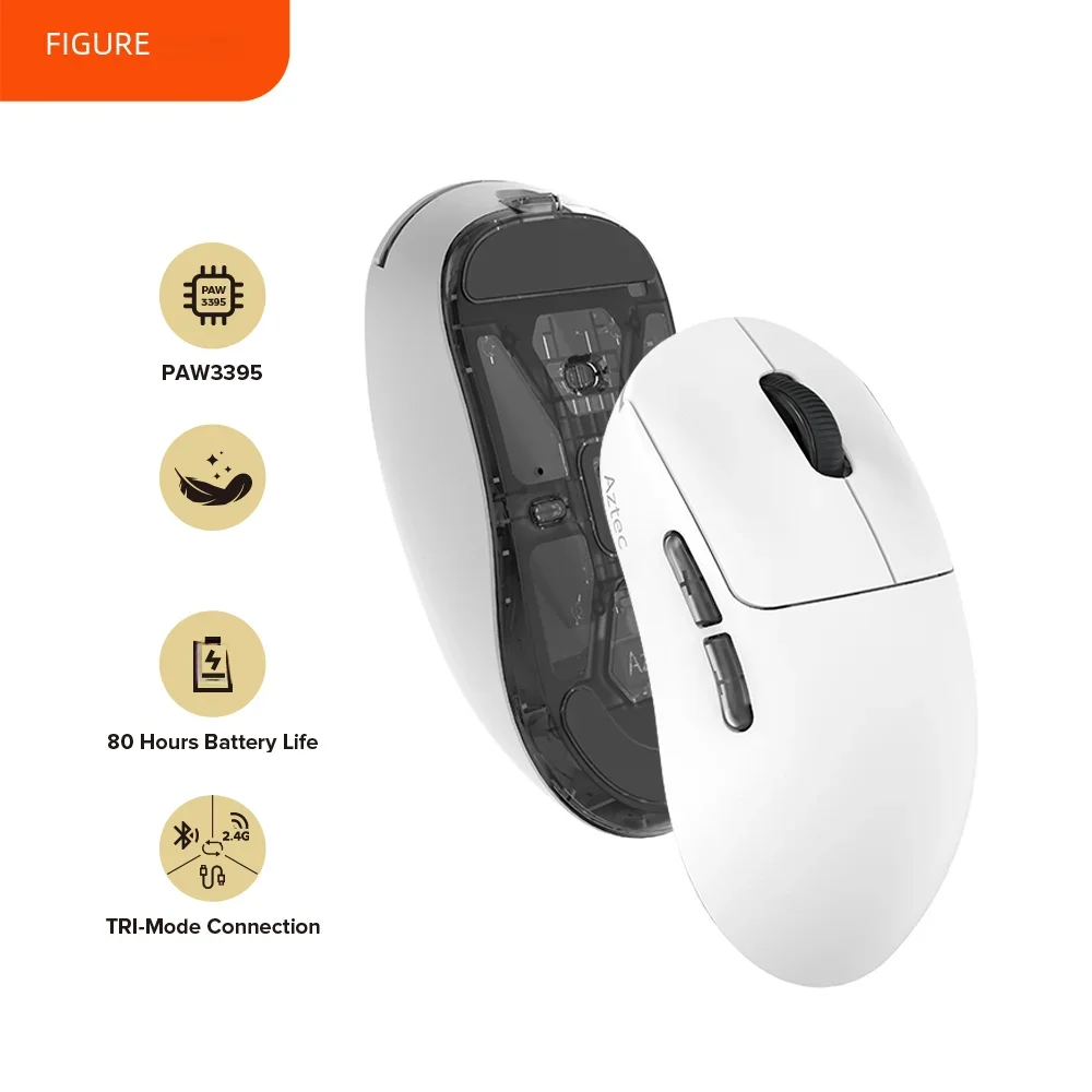 

Kysona-Aztec White PAW3395 Wireless Gaming Mouse, Ultra-Light, 6 Buttons, 90 Million Optical Computer Mice for Laptop, PC, 55g