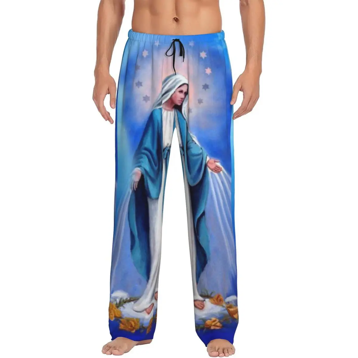 Custom Print Catholic Virgin Mary Pajama Pants for Men Our Lady of Fatima Sleep Sleepwear Bottoms with Pockets