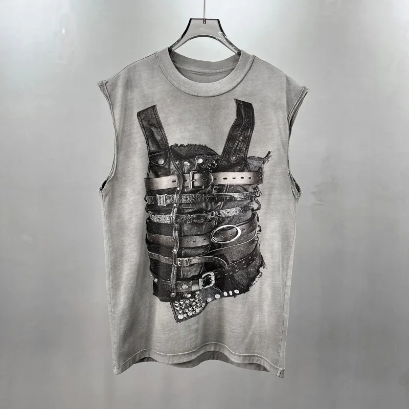 Men's Distressed Vintage Sleeveless T-Shirt Leather Belt Graphic Oversized Punk Rock Casual Workout Vest