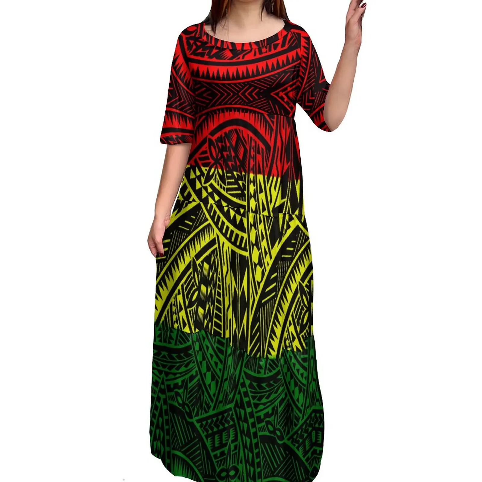 

Anti-wrinkle 8XL Polynesian Milk Silk O-neck Tiered Dress Hot Selling Pacific Island Art Hawaii Design Evening Mermaid Dresses