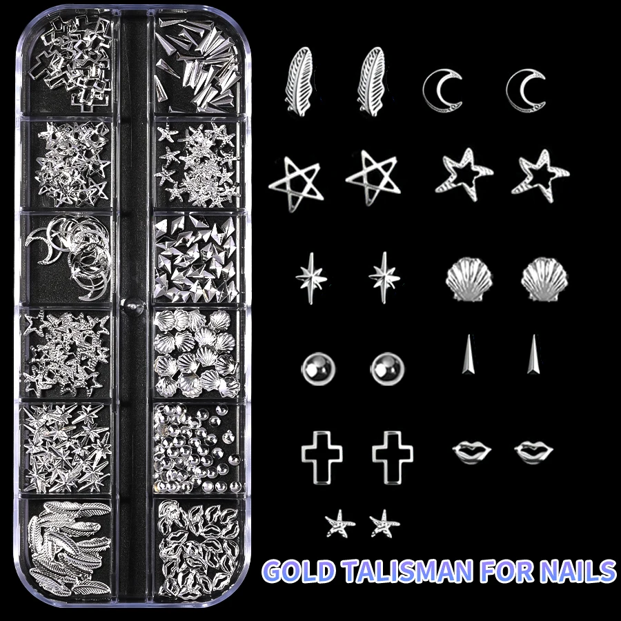 6 Boxes Mixed Silver Nail Art Charms Kit, Metal Rhinestone Pearl Ornaments with Pickup Pen for DIY Craft