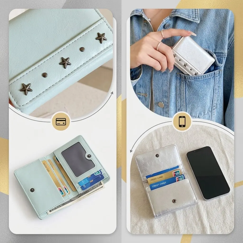 Pu Leather Wallet Y2k Star Studded Short Folding Pocket Coin Holder Shiny Metal Decor Card Organizer Women Cash Pouch