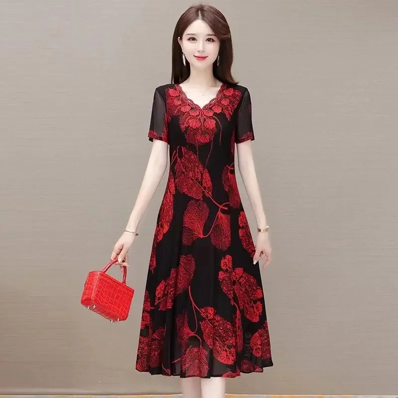 2023 Summer Women\'s Fashion Floral V-neck Dress New Temperament Age-reducing Belly-covering Slim Long Dress Female A-line Akirt