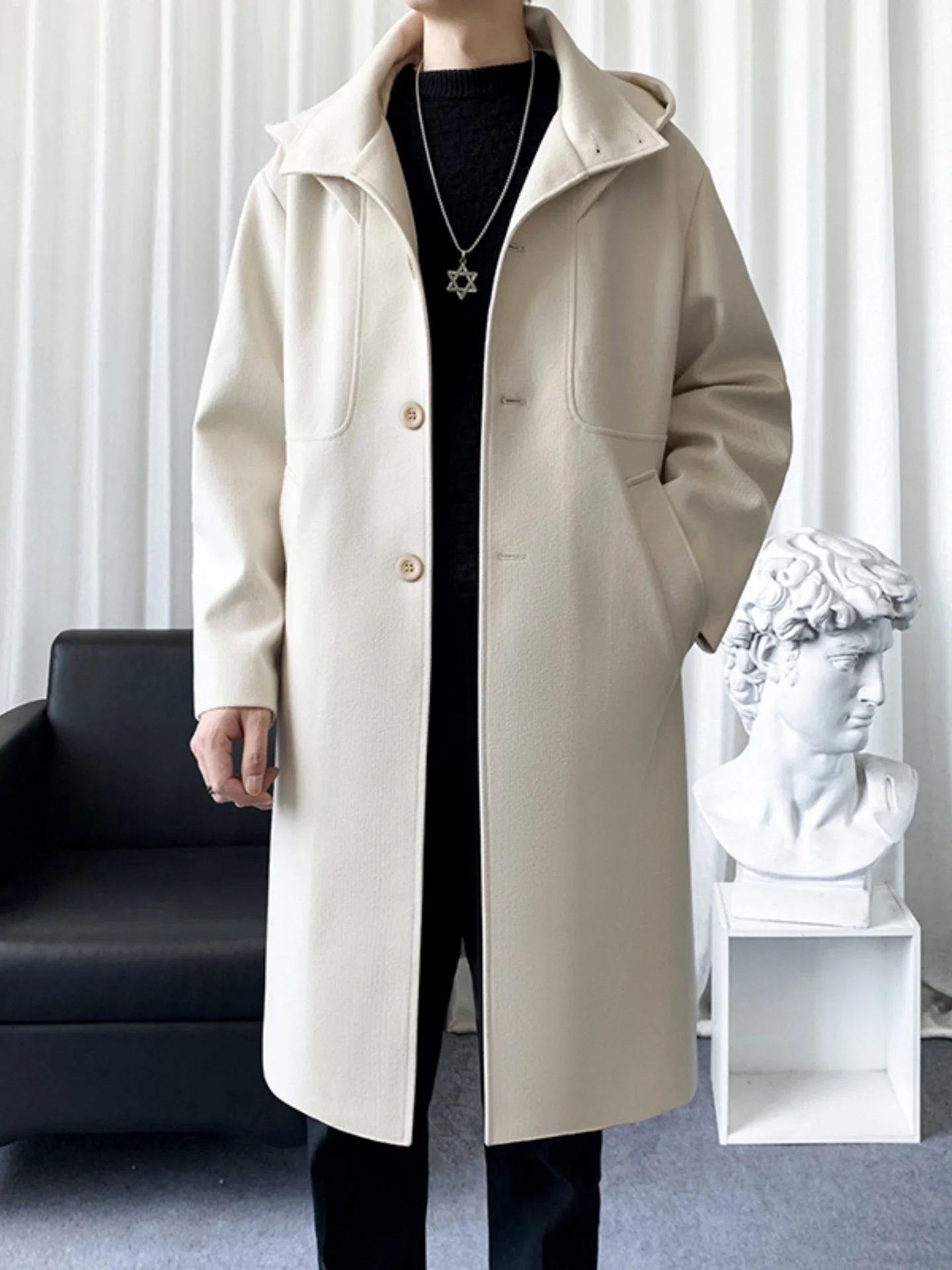 

Double Layer Collar Hooded Men's Long over Knee Woolen Coat Ele Feel Autumn mid Length Cloak Faionable Polyester Fiber