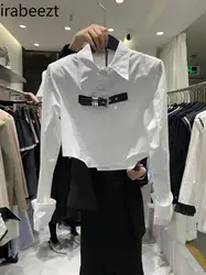 2024 Autumn New Fashion Loose Leather Buckle Short Look Slim with Shoulder Pad Shirt White Camisas Womens Tops Blouse