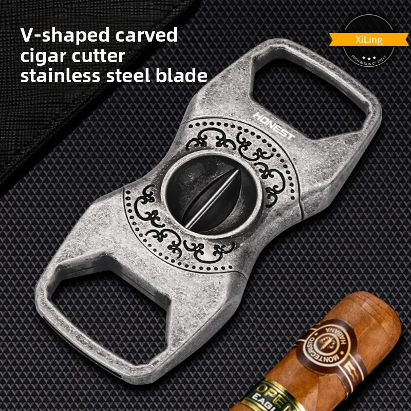 

Elegant V-Cut Cigar Scissors with Intricate Metal Engraving