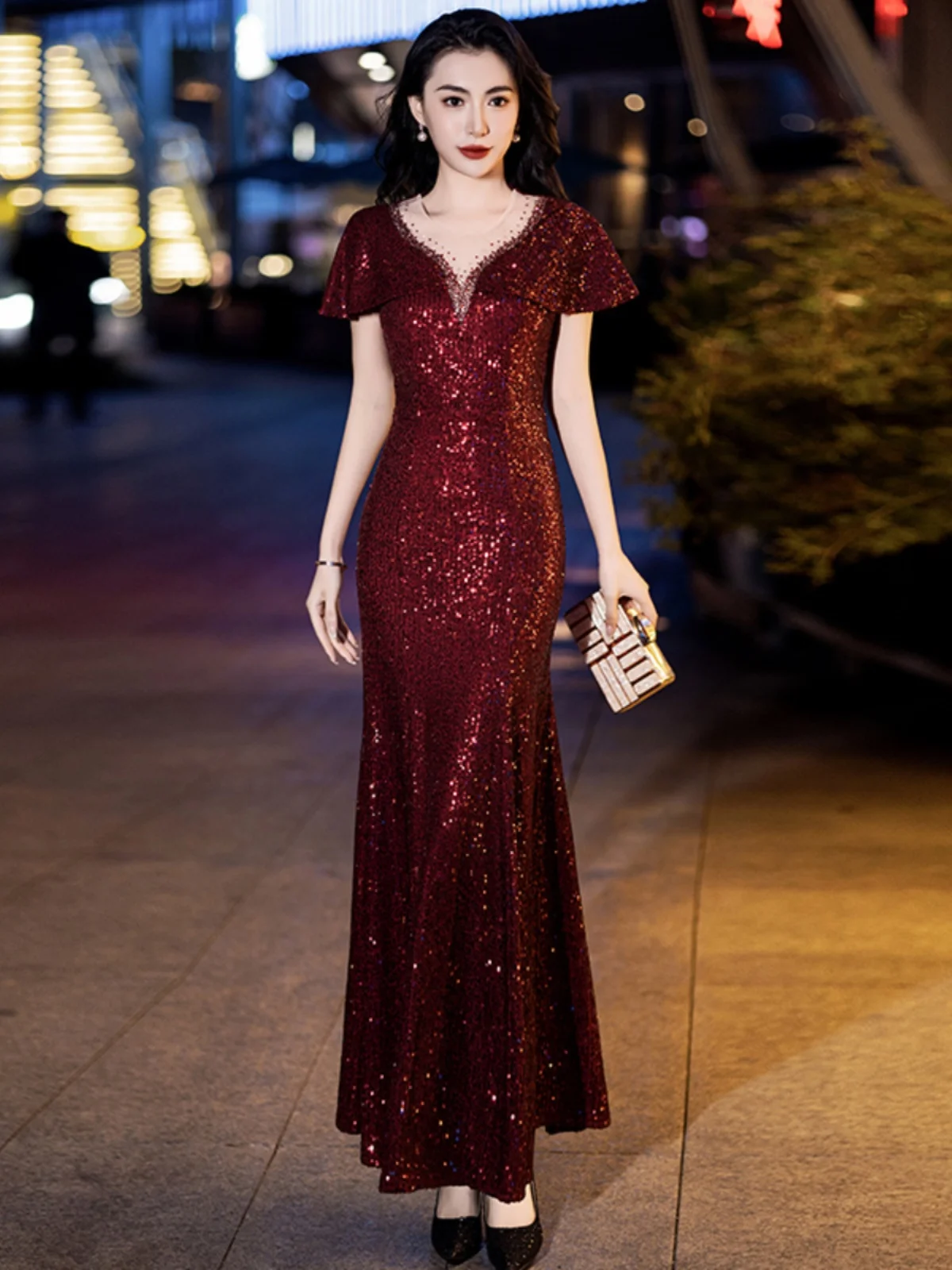 

Вечернее платье с пайетками Ele Luxury для свадебного приема, модное женское платье с длинным шлейфом и дизайном Fibone, полиэстер