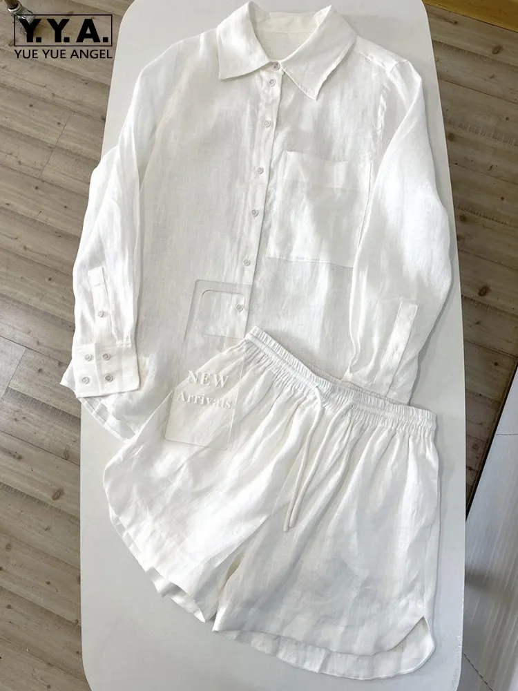 Vntage Women Sun Protect Linen Shirt Shorts Two Piece Set Breathable Loose Fit Top Elastic Waist Wide Leg Shorts Holiday Sets