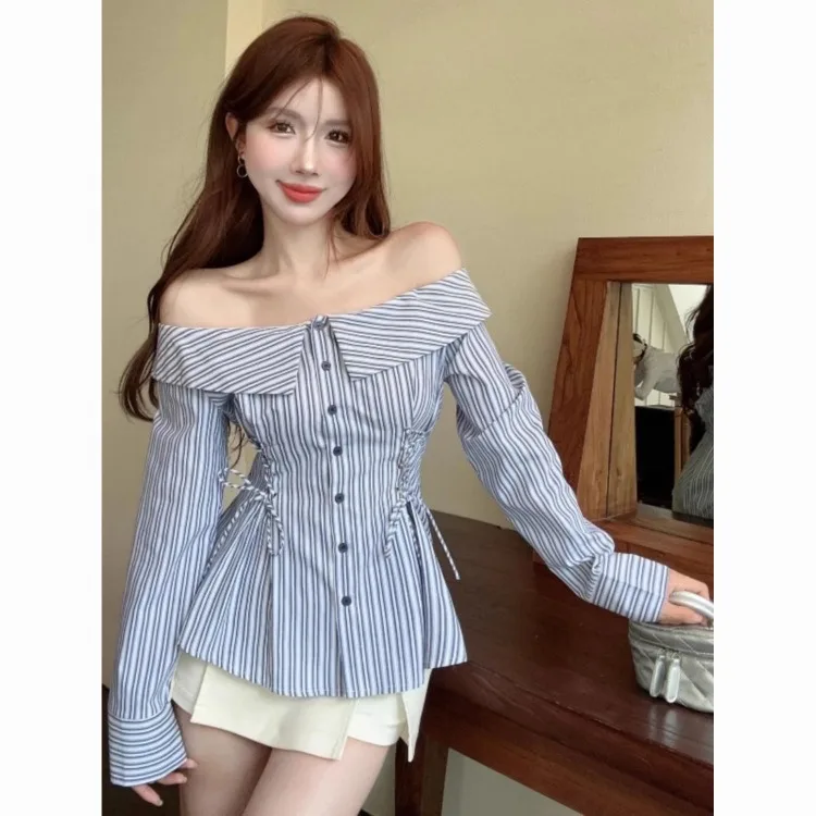 Korejepo Spice Girl Style Striped Shirt Girls Spring Autumn One-Word Collar Slim Waist Shirts Chic Lace Up Long Sleeve T-Shirt