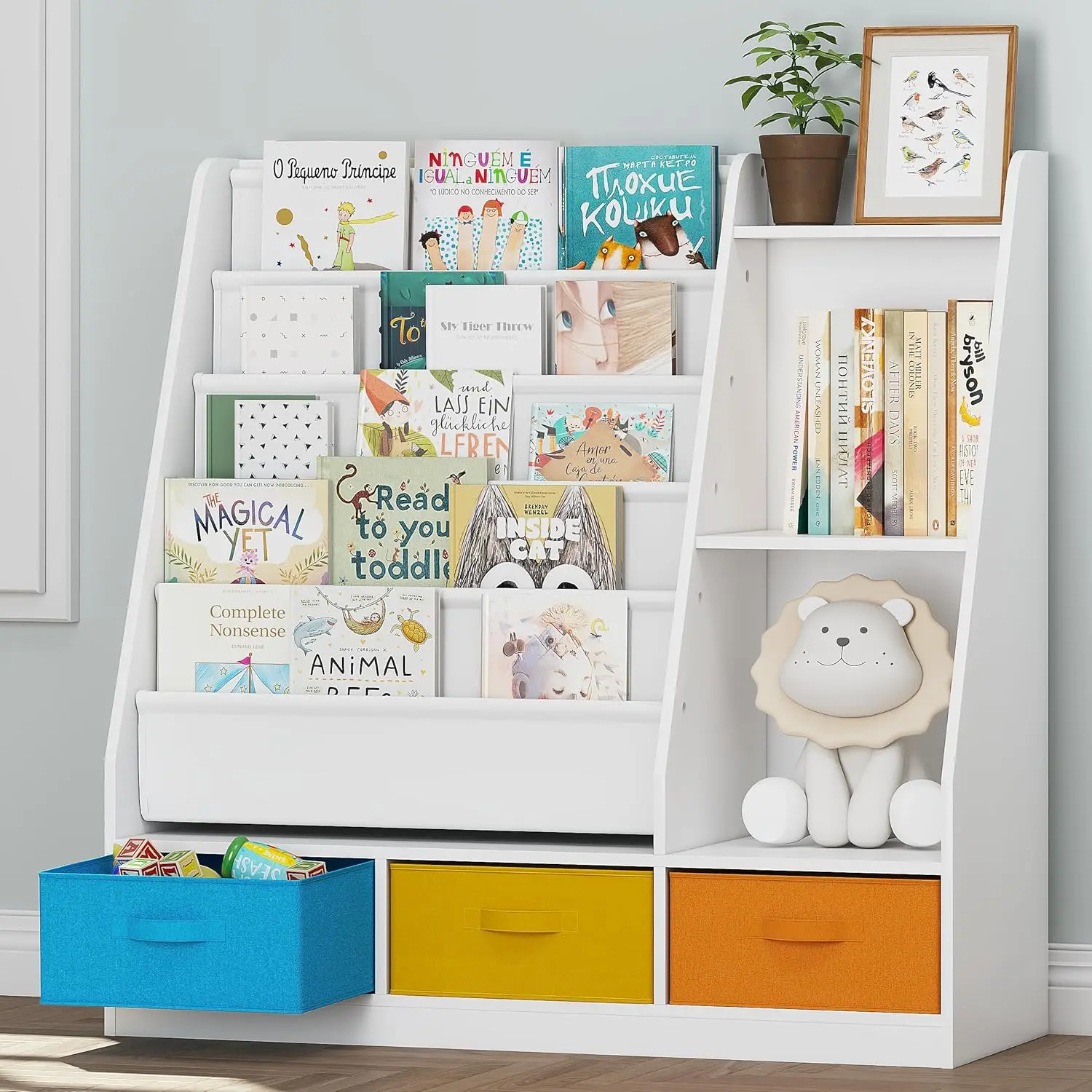 5-Tier Kids Sling Bookshelf with Storage Bins, Wood Children Bookcase, Toddler Montessori Book Shelf for Kids Room,