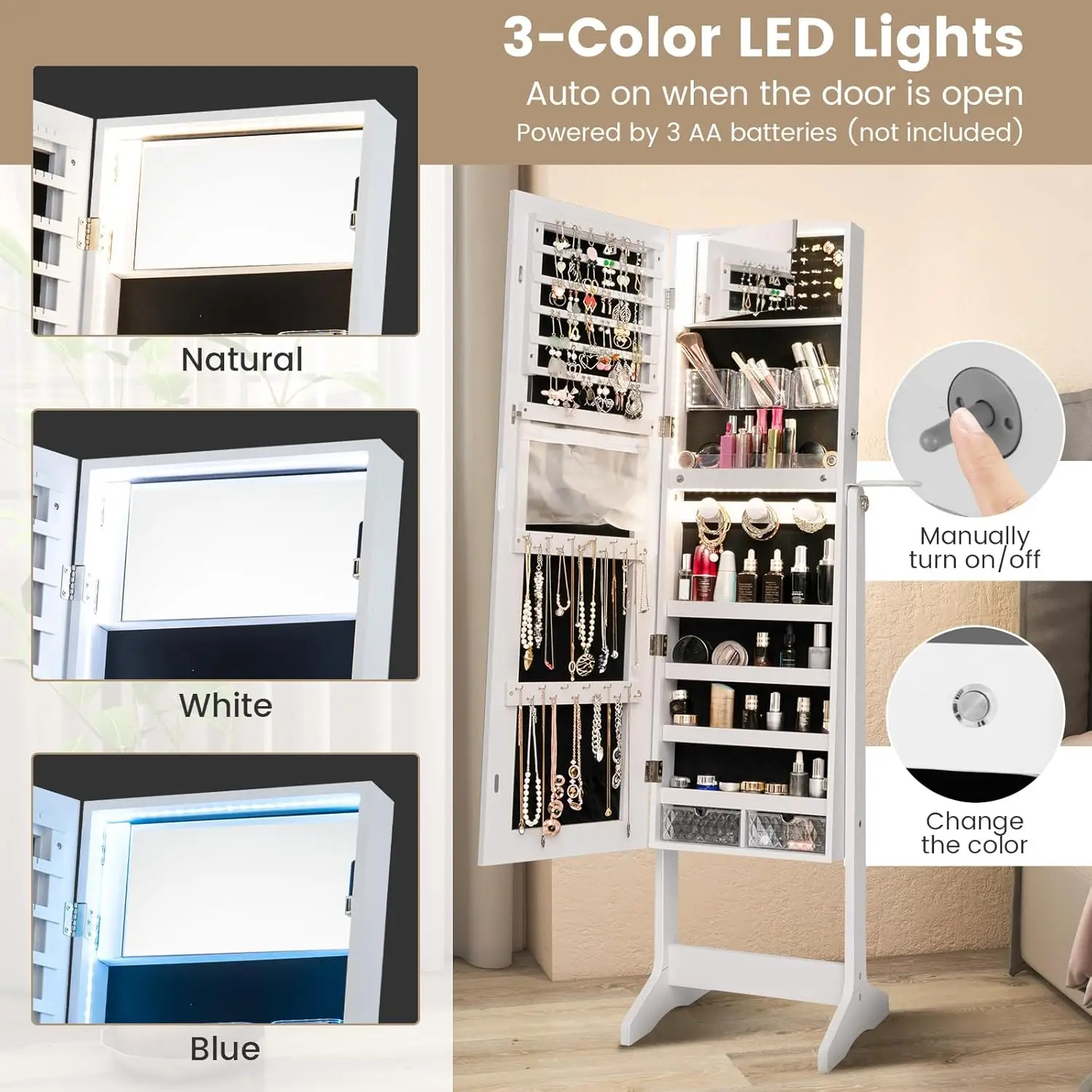 Jewelry armoire close-up of LED light controls showing 3-color temperature options