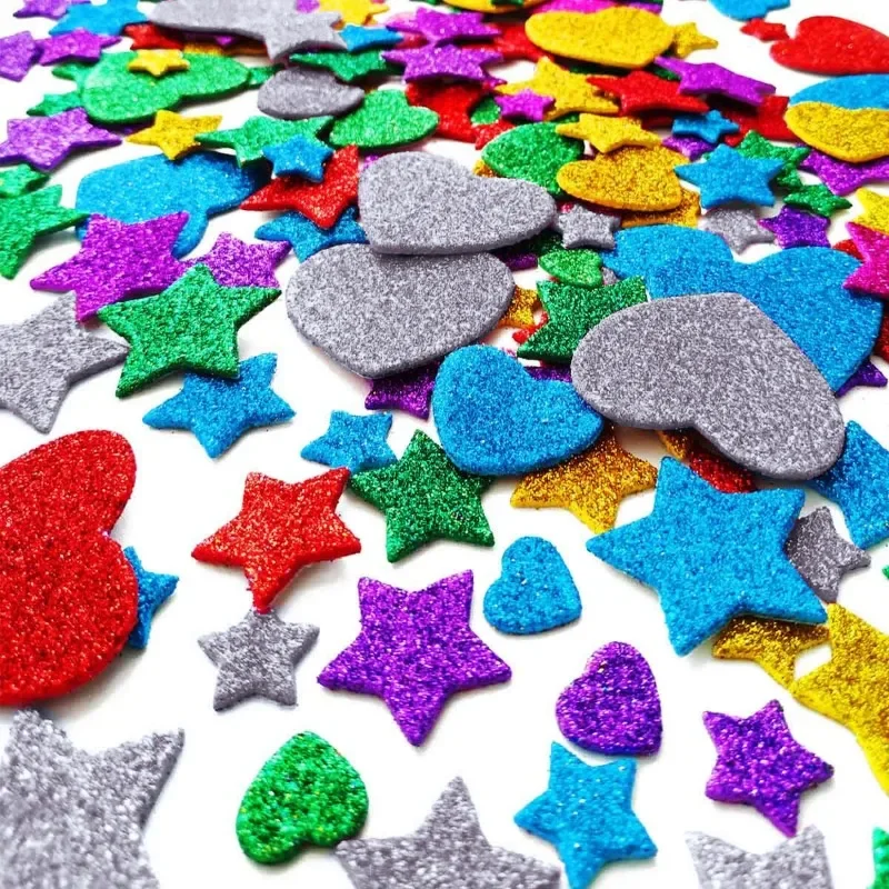 50Pcs Colorful Paperboard Stickers Heart Shaped Star Shaped Foam Glitter Mixed Size Color Party Wedding Decoration DIY Crafts