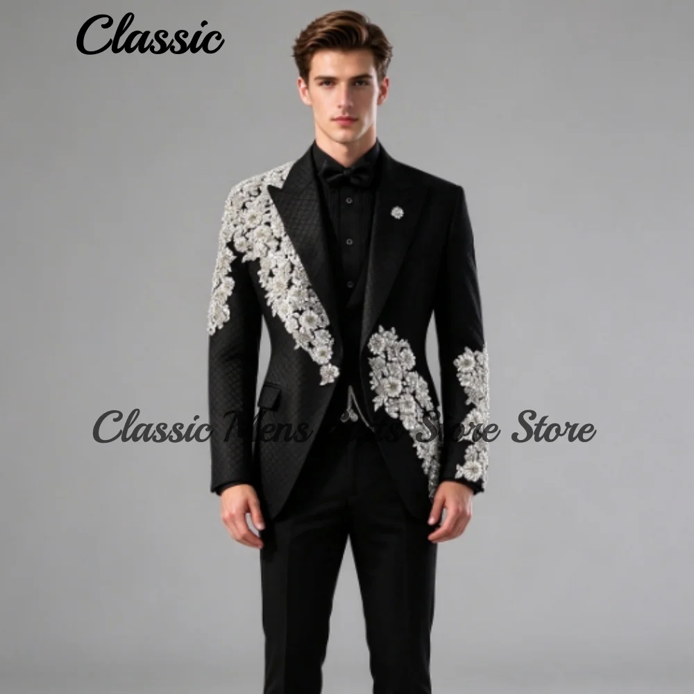Customized Applique Men Suits 3 Pieces Sets Sparkly Crystal Male Party Blazers Groom Wedding Tuxedos Slim Sequin Costume Homme