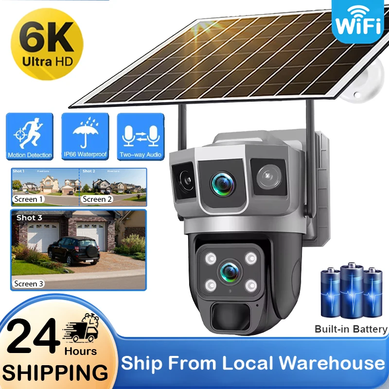 Caméra IP solaire WiFi extérieure 6K 12MP, double objectif, trois écrans, étanche IP66, vidéosurveillance sans fil, batterie intégrée